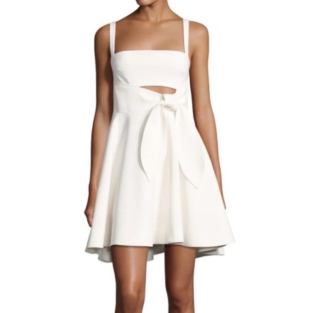 cinq a sept Cream-White Mini Dress with Front Cutout & Bow
